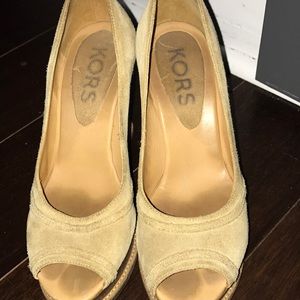 Tan suede peep toe wedges